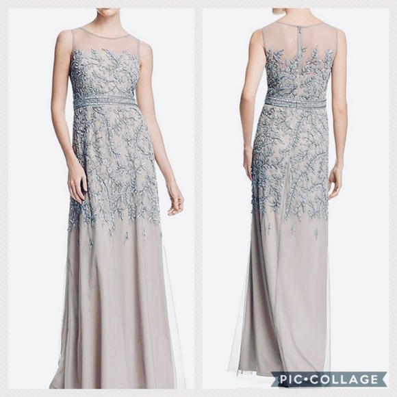 Adrianna Papell platinum Vine beaded sleeveless mermaid long gown